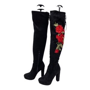 Italina Black Floral Embroidered Over the Knee Suede Look High Heeled Boots 10